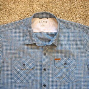 Orvis Classic Collection Men Short Sleeve Button Up Shirt Blue Check XL Pockets